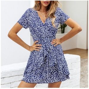 Blue and white polka dot dress